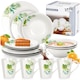 Set Serviciu De Vesela Pentru 4 Persoane, Vilde, Model Modern Cu Motive Vegetale Si Plante, 16 Piese (Farfurii Intinse, Boluri 600ml, Desert, Cani), Alb Cu Decor Verde, Portelan De Calitate Superioara, Lavabil Masina De Vase, Design In Tendinte