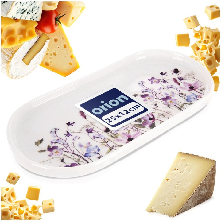 Platou Oval Pentru Servire, Orion, Seria Louka Motiv Flori De Camp, 25x12x1.5 cm, Alb, Portelan De Inalta Calitate, Tava Eleganta Pentru Prezentare Aperitive, Carne, Fructe Si Gustari Diverse, Design Modern Floral, Lavabila In Masina De Spalat Vase