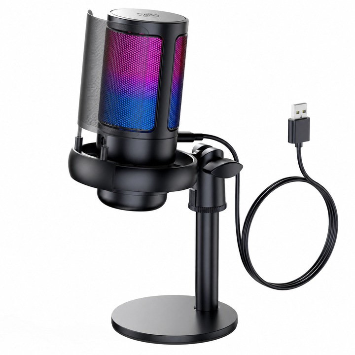 Микрофон за гейминг RGB XPQKDC® RGB-USB, Кардиоиден USB микрофон за PC Mac PS4 PS5, Тъч бутон за заглушаване, Жак за слушалки, Регулиране на силата на звука, Анти-поп филтър, за стрийминг и гейминг