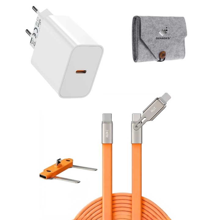 Kit incarcator 20 w pd Cablu de incarcare rapida 2 in 1 tip C-C 240 W, 1, 2 m, cu suport, suport PD, multifunctional compatibil cu Light, pentru iphone 17, 16, 15, 14, 13, 12, geanta protectie