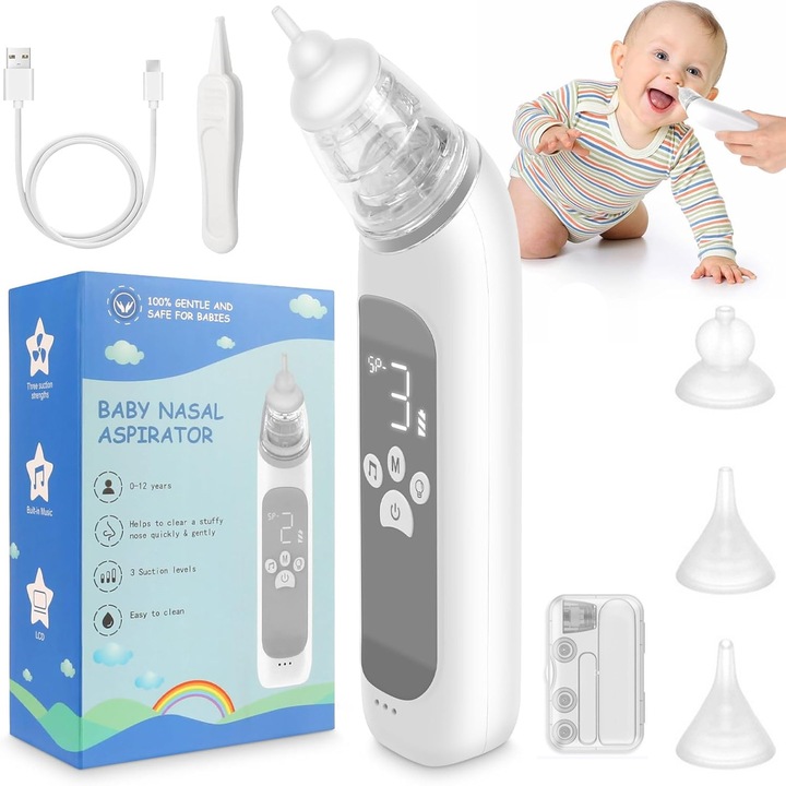 Aspirator nazal electric FooFoony, aspirator nazal pentru bebelusi Pro cu 3 varfuri moi din silicon, 3 niveluri de aspirare, usor de... Curatator de nas curat, portabil, reincarcabil pentru copii mici, muzica si lumina calmanta
