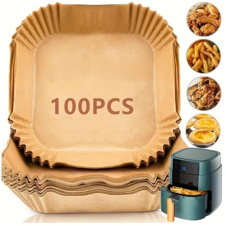 100 db eldobható sütőpapír lap forrólevegős fritőzbe, 20 cm-es négyzet alakú lapok 5-8 literes forrólevegős fritőzökhöz, vízálló és tapadásmentes papírlapok forrólevegős fritőzbe