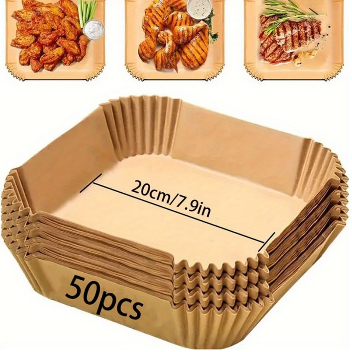 Eldobható papírbetétek forrólevegős fritőzbe, 50 darab, négyzet alakú, 5-8 literes fritőzökhöz, kompatibilis a Ninja AF141, AF181 (5, 6, 6, 5 liter), Instant Pot Vortex Plus (6 liter) és Chefman (7, 8 liter) modellekkel