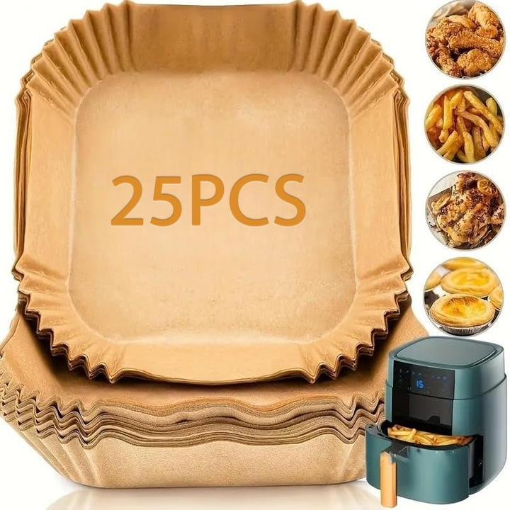 Eldobható papírbetétek forrólevegős fritőzbe, 25 darab, négyzet alakú, 5-8 literes fritőzökhöz, kompatibilis a Ninja AF141, AF181 (5, 6, 6, 5 liter), Instant Pot Vortex Plus (6 liter) és Chefman (7, 8 liter) modellekkel