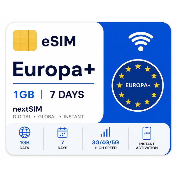 Cartela Prepaid NextSIM eSIM Europa+, 1GB Internet Mobil 7 Zile, Activare Instanta, 3G/4G/5G, Fara Contract