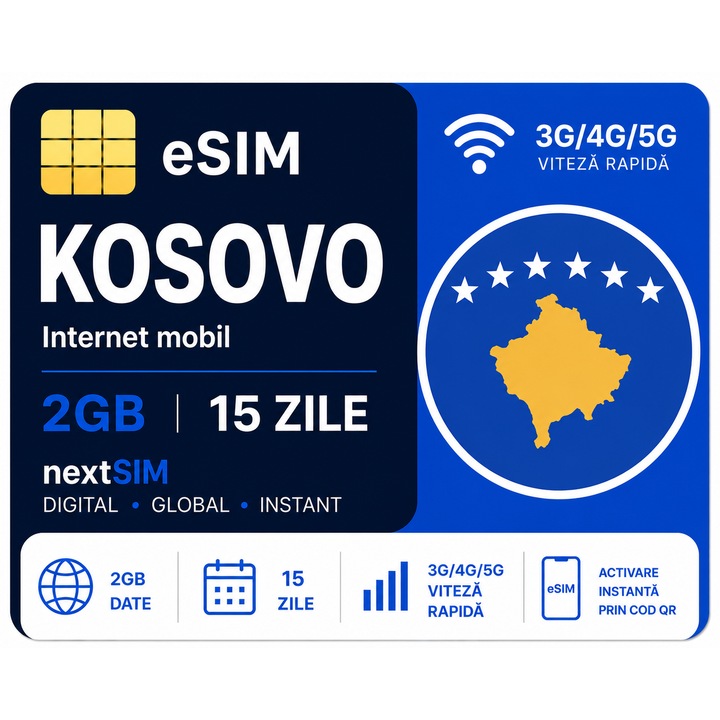 Cartela Pre-paid NextSIM eSIM Kosovo, 2GB Internet Mobil 15 Zile, Activare Instanta, 3G/4G/5G, Fara Contract
