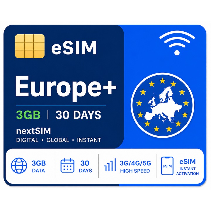Cartela Pre-paid NextSIM eSIM Europa+, 3GB Internet Mobil 30 Zile, Activare Instanta, 3G/4G/5G, Fara Contract