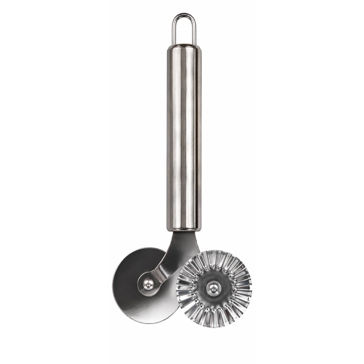 Rozsdamentes acél pizzavágó, 2 vágó- és díszítőkerék tésztához, ergonomikus fogantyú, ideális péksüteményekhez, 17.5 cm, ezüst