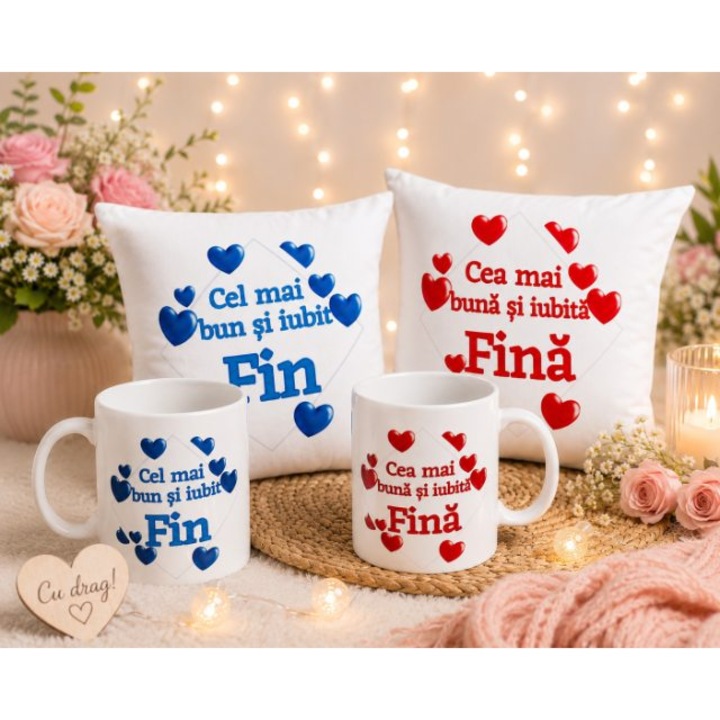Set Cadou pentru Fini - 2 Perne Personalizate 40x40 cm, 2 Cani Personalizate 330 ml