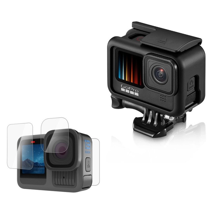 Sistem de Prindere si Carcasa de protectie pentru GoPro Hero 13, set cu folie de protectie pentru ecran si lentila, transparenta, rezistenta la socuri
