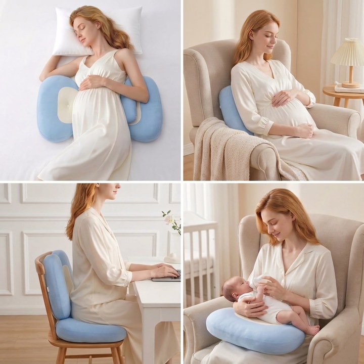Perna Gravide si Alaptare 3 in 1 TempoMix, din Spuma cu Memorie, Multifunctionala Forma de U, Husa Detasabila, Suport Ergonomic pentru Spate, Burta, Picioare si Gat, 1.3kg, 30x40x13 cm, Albastru