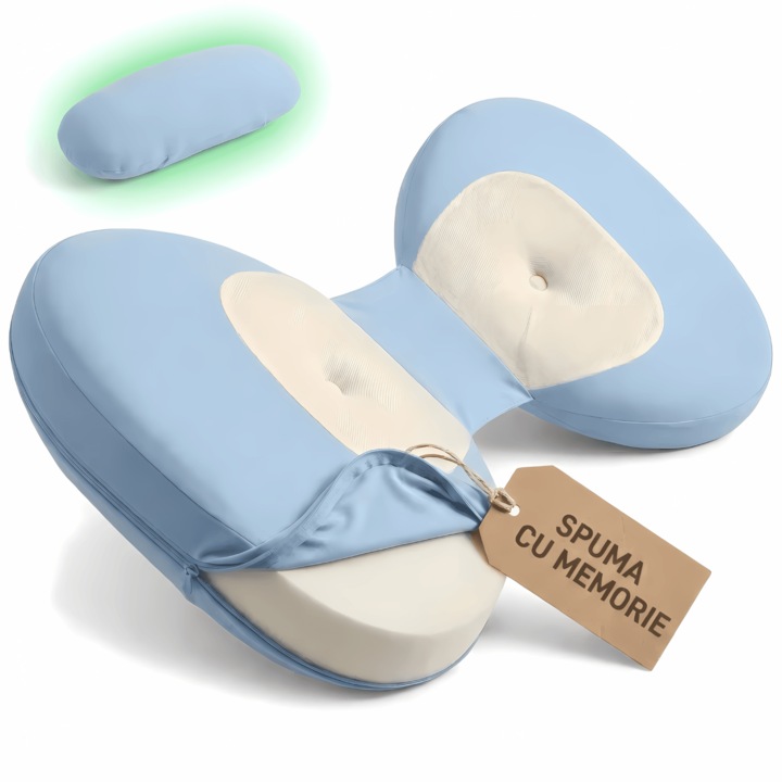 Perna Gravide si Alaptare 3 in 1 TempoMix, din Spuma cu Memorie, Multifunctionala Forma de U, Husa Detasabila, Suport Ergonomic pentru Spate, Burta, Picioare si Gat, 1.3kg, 30x40x13 cm, Albastru