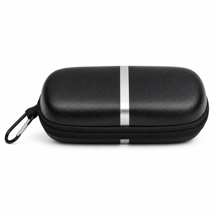 Husa Rigida Pentru Ochelari De Soare Neagra Cu Dunga Argintie Fermoar Carabina Interior Textil Protectie 16x5.5x8 cm Shopiens®