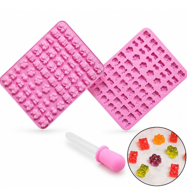 Forma Silicon CCmax pentru Jeleuri, Bomboane si Ciocolata, 60 Cavitati cu Modele Animale, 20.5 x 15.5 cm, Pipeta Inclusa, Roz