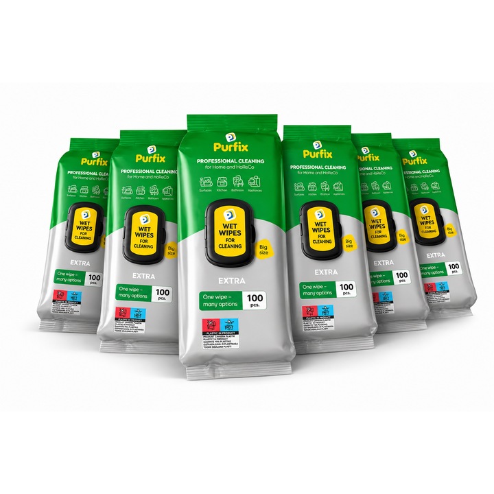 Pachet x 6 Servetele umede pentru curatarea casei Purfix EXTRA, 100 bucati