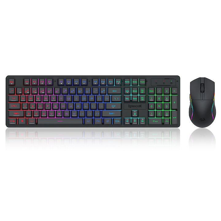 Kit tastatura si mouse wireless Redragon S107 Gaming Essentials KS, iluminare RGB tastatura, RGB LED cu effect breathing mouse, Negru