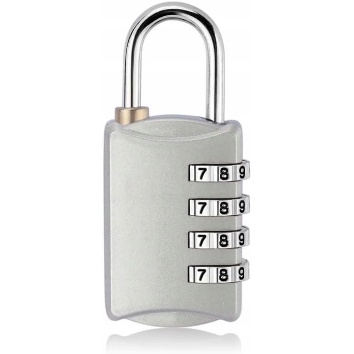 Számzáras lakat, 4 számjegyű, ezüst színű, 12x8x2mm, beállítható kódú, kompakt