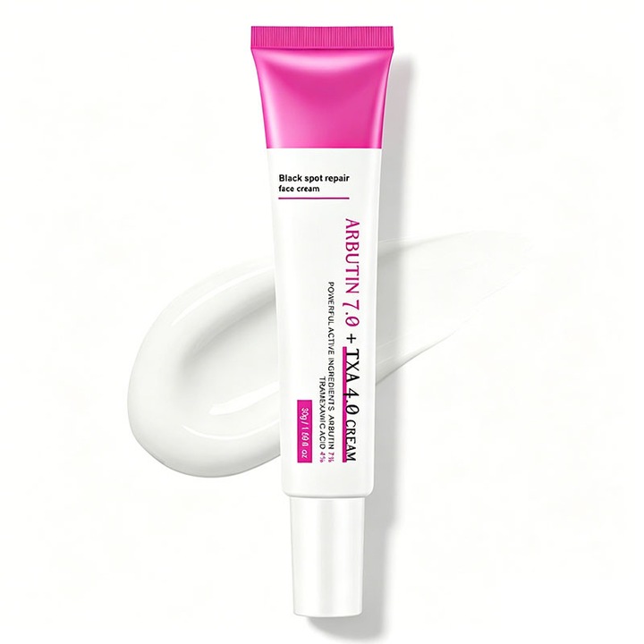 Crema coreeana pentru indepartarea pistruilor, care contine 7% arbutina + 4% acid tranexamic, niacinamida si glutation, pentru a ilumina petele inchise la culoare, pistruii, imperfectiunile si pigmentarea, 30 g