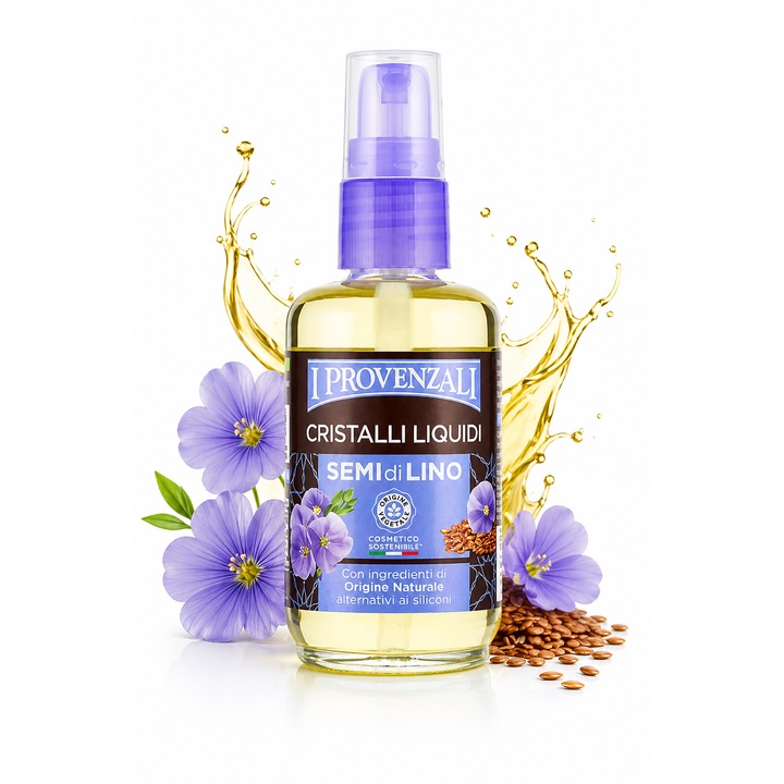 I Provenzali Cristale Lichide cu Seminte de In 50ml – Hajszér Öblítés Nélkül, Anti-Frizz Hatás, Fény és Védelem, Természetes Eredetű Összetevőkkel, 50 ml