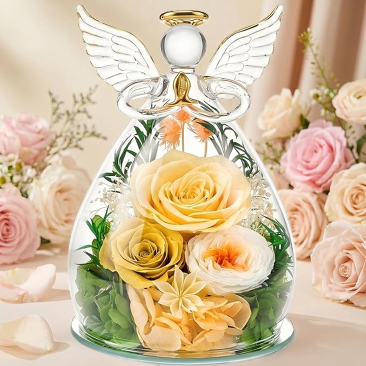 Figurina de inger din sticla cu trandafiri eterni si lumini LED, StatuetA inger cu trandafir conservat in sticla, cadou personalizat pentru femei, Cadou relaxant pentru Valentine, Ziua Mamei, Craciun, multicolor