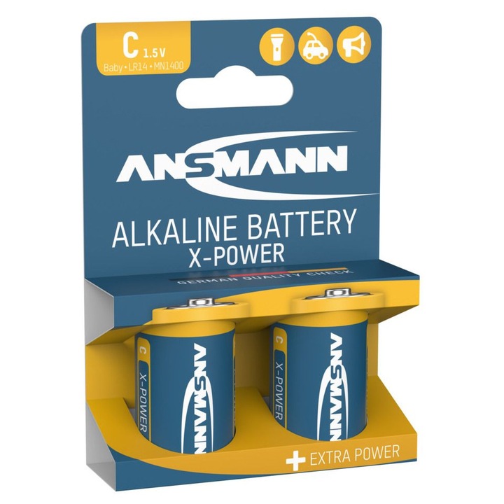 Alkáli elemek, Ansmann, X-Power, Baby C / LR14, 2 darab, 1,5 V, hosszú élettartamú tápegység, nagy kimeneti teljesítmény, megbízható teljesítmény, hosszú eltarthatóság, szín: kék, sárga, papír buborékcsomagolás, cellakémia