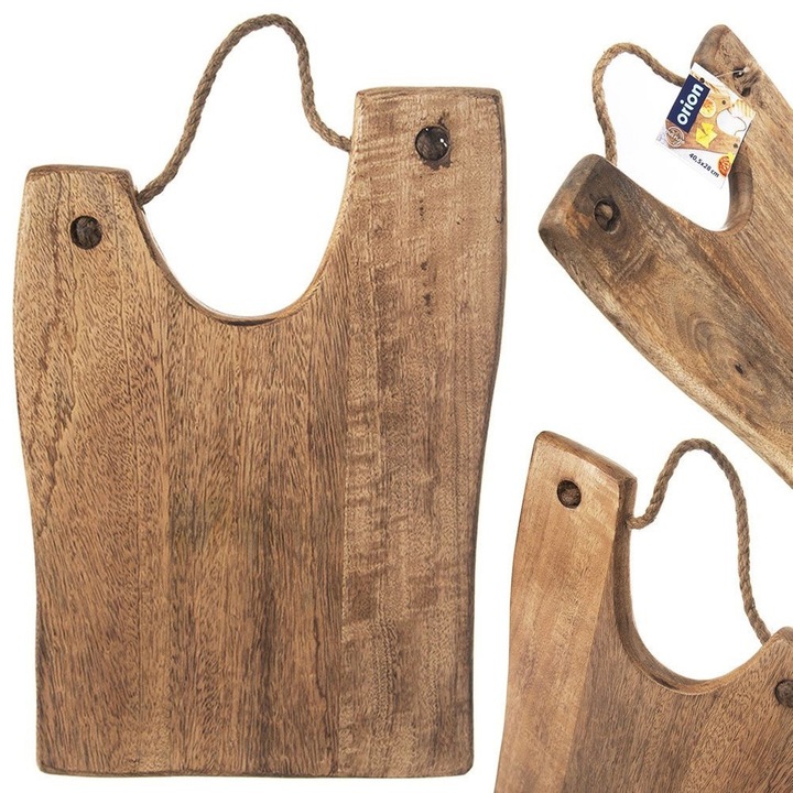 Tocator Si Platou De Servire, Orion, Mango Cu Forma Neregulata Si Maner Din Iuta, 40.5x28 cm, Maro Natural, Lemn Masiv De Mango, Rezistent La Umiditate Si Deformare, Nu Retine Mirosuri, Design Rustic Elegant, Ideal Pentru Branzeturi Si Aperitive