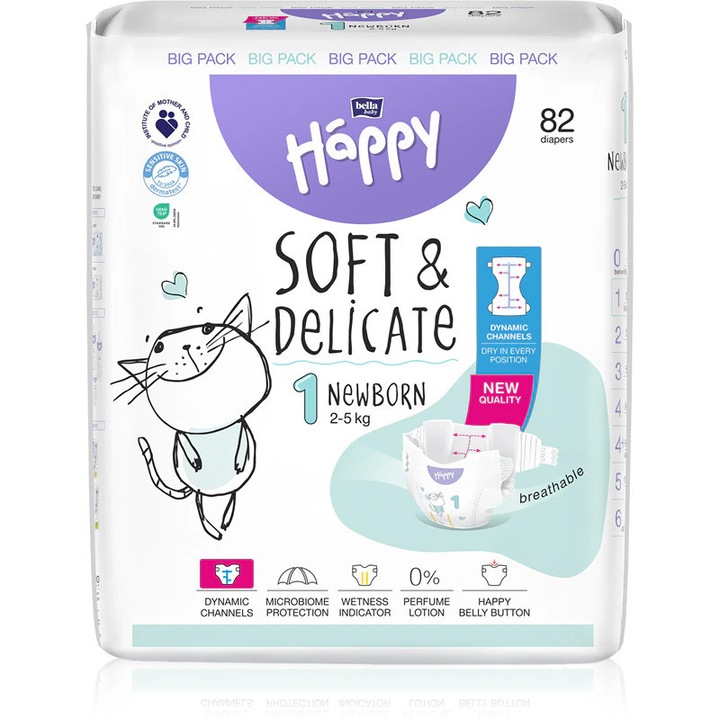 Pachet Promo : Scutece Happy New Baby Soft & Delicate 2-5 kg Mini, Marimea 1 pentru Nou Nascuti, 82 bucati / Pachet