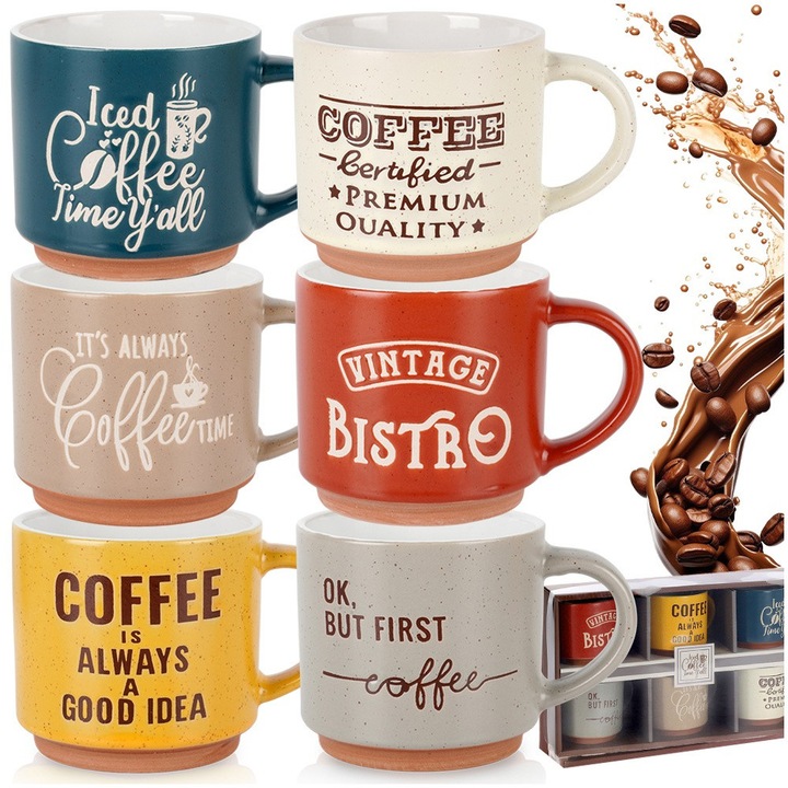 Set 6 Cani Pentru Cafea Si Ceai, Siaki Collection, Cu Mesaje Decorative Amuzante, 230 ml / 11x8x7.5 cm, Multicolor, Ceramica De Inalta Calitate, Maner Ergonomic Confortabil, Compatibile Cu Masina De Spalat Vase Si Cuptorul Cu Microunde, Design Atractiv