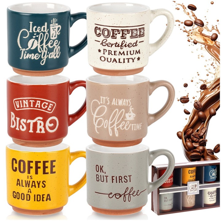 Set 6 Cesti Pentru Cafea Espresso, Siaki Collection, Cu Inscriptii Decorative, 110 ml / 9x6x6.3 cm, Multicolor, Ceramica Premium Rezistenta, Maner Ergonomic Pentru Prindere Confortabila, Potrivite Pentru Masina De Spalat Vase Si Microunde, Luxoase