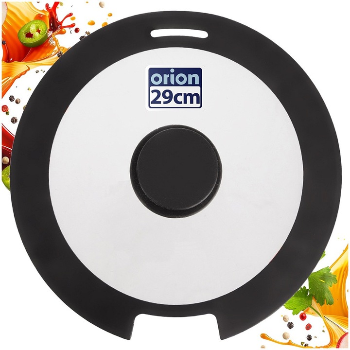Capac Din Sticla Cu Margine De Protectie, Orion, Grande Combi Cu Decupaj Special Pentru Maner Detasabil, 29 cm (Pt Vase De 28 cm), Transparent/Gri, Sticla Borosilicata Si Silicon Termorezistent Pana La 220°C, Supapa Pentru Abur, Eficienta Optima