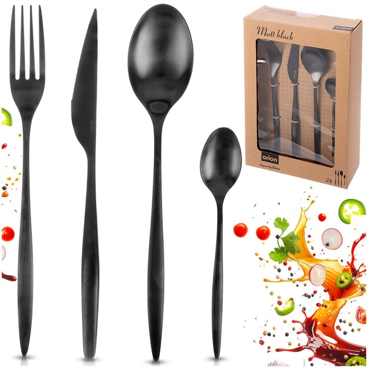 Set Tacamuri 24 Piese Pentru 6 Persoane, Orion, Finisaj Mat Elegant Si Masiv, Linguri Furculite Cutite Si Lingurite, Negru Mat, Otel Inoxidabil Premium De Inalta Rezistenta, Design Clasic Atemporal, Compatibil Cu Masina De Spalat Vase De Lux