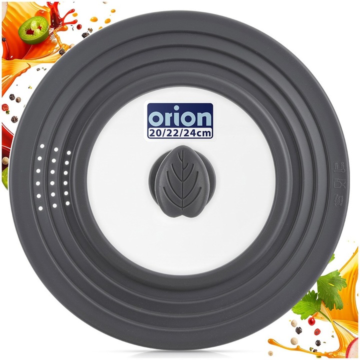 Capac Universal 3In1 Pentru Tigai Si Oale, Orion, Cu Margine In Trepte Pentru 20/22/24 cm, Transparent/Gri, Sticla Securizata Si Silicon Premium, Rezistent La Temperaturi De Pana La 190°C, Maner Ergonomic, Supapa Pentru Abur, Economisire Spatiu, Lux
