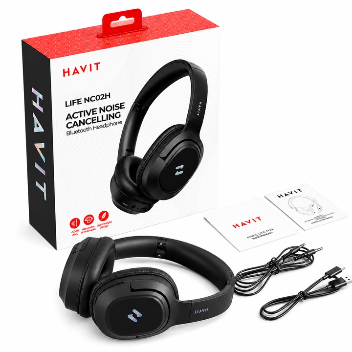 Casti Wireless Over-Ear Bluetooth Havit® H612BT PRO cu Anulare Activa a Zgomotului, Aplicatie Mobila, Mod Equalizer, Latenta Redusa 60ms pentru Gaming, Bass Puternic, Pliabile, Autonomie 50 Ore, Mod Joc, Casti Premium pentru Muzica si Jocuri, Negru