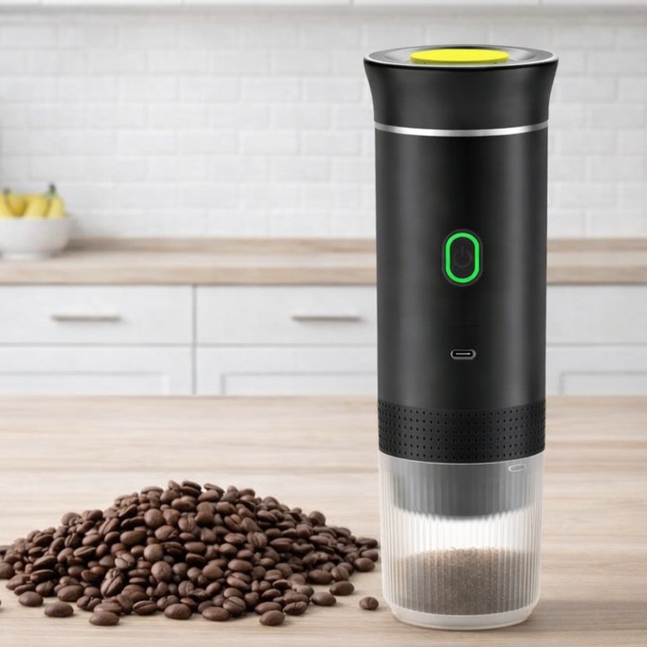 Espressor Portabil, 3 in 1, 20 Bari, Compatibil capsule Nespresso, Dolce Gusto, cafea macinata, Incalzire rapida 92°C, Baterie reincarcabila 7500 mAh, USB Type-C, Negru