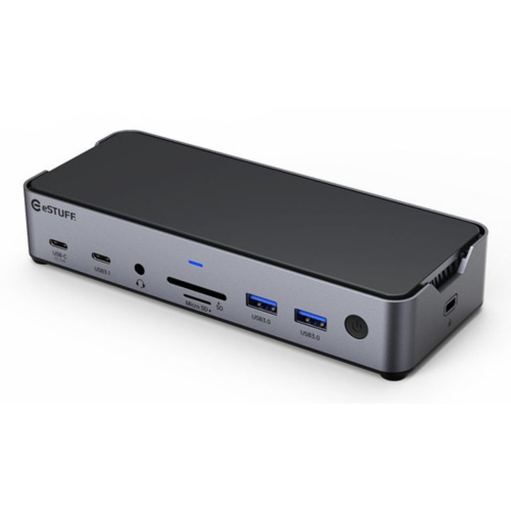 ESTUFF GLB232006 dokkolóállomás, USB-C, 10 Gbps, fekete-alumínium, 20x7.5A