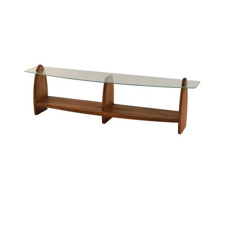 Re-Bloom - Comoda TV living, 160x35x45 cm, rafturi sticla securizata 100%, cadru pin masiv 100%, capacitate 45 kg, castan/transparent