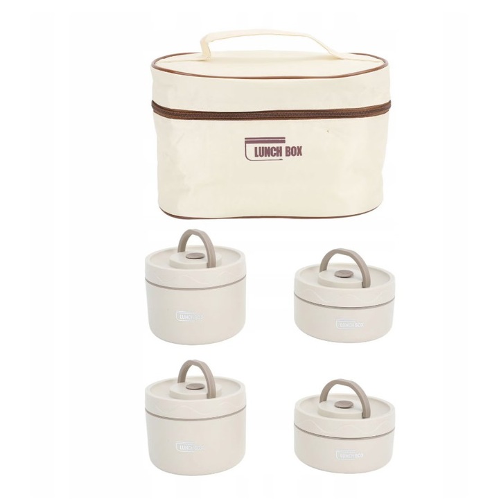 Geanta termica pentru mancare cu 4 cutii rotunde din otel inoxidabil 304, 2 x 400 ml si 2 x 600 ml, lunch box termoizolanta, cu fermoar si maner, crem
