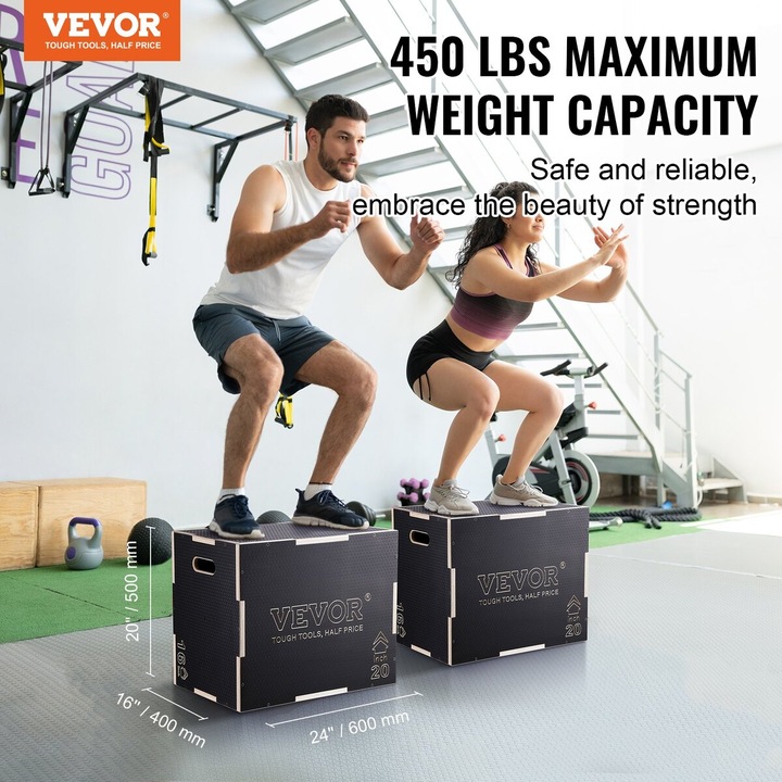 Плиометрична кутия за скачане VEVOR 3 в 1 от черно дърво 40x50x60см