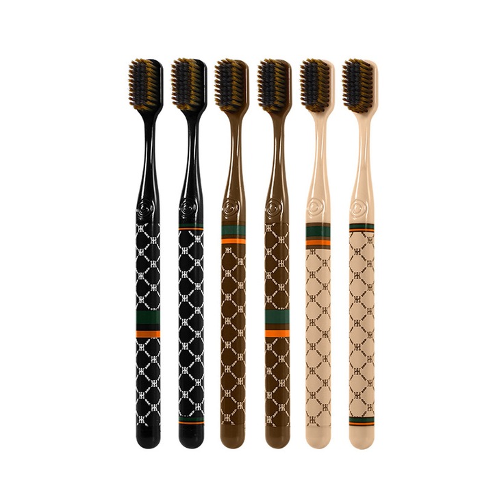 Set 6 periute de dinti manuale, AFKSMILE, Cu peri moi pentru gingii sensibile, Design retro cu schema de culori in carouri, Peri moi, Ergonomice, Pentru adulti, Maner confortabil, Pentru igiena orala, Plastic, Multicolor