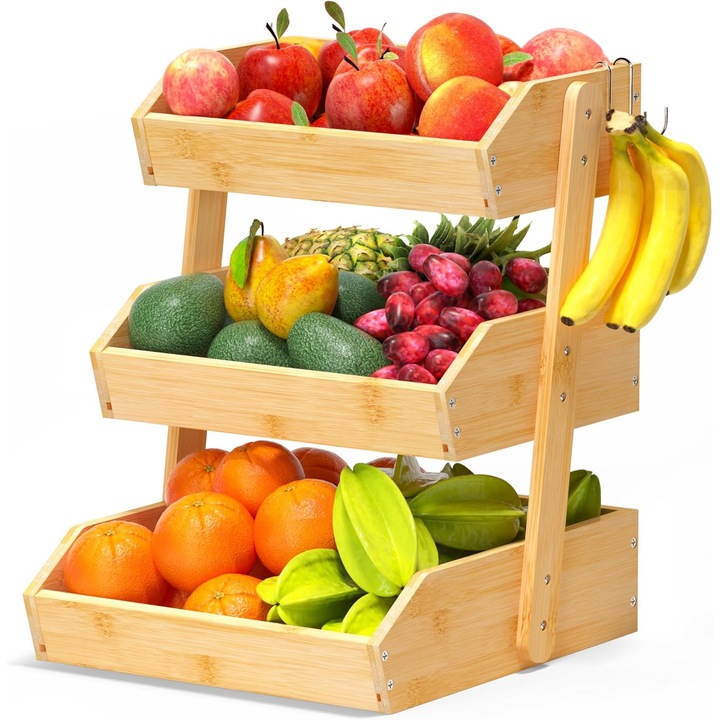 Cos Pentru Fructe si Legume, 3 etaje, Stabilitate portanta, Economie de spatiu, Impermeabil si rezistent la umiditate, Pentru fructe, gustari, cani, Otel, Dimensiuni 30×33×41 cm, Din Lemn