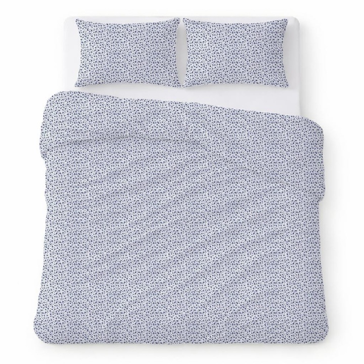 Set lenjerie de pat din bumbac creponat, Karo, Kora Home, alb cu flori bleumarin, 160x200 cm, 3 piese