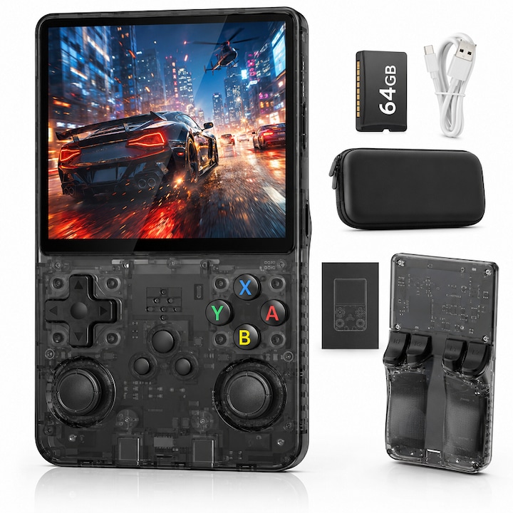 Consola portabila de jocuri R36 Max Retro AjieQaQ®, negru, 64GB 18000+ jocuri, ecran IPS HD 4 inch 720x720, 30+ emulatori, baterie 4000mAh, Linux, joystick 3D, multiplayer wireless, iesire video audio