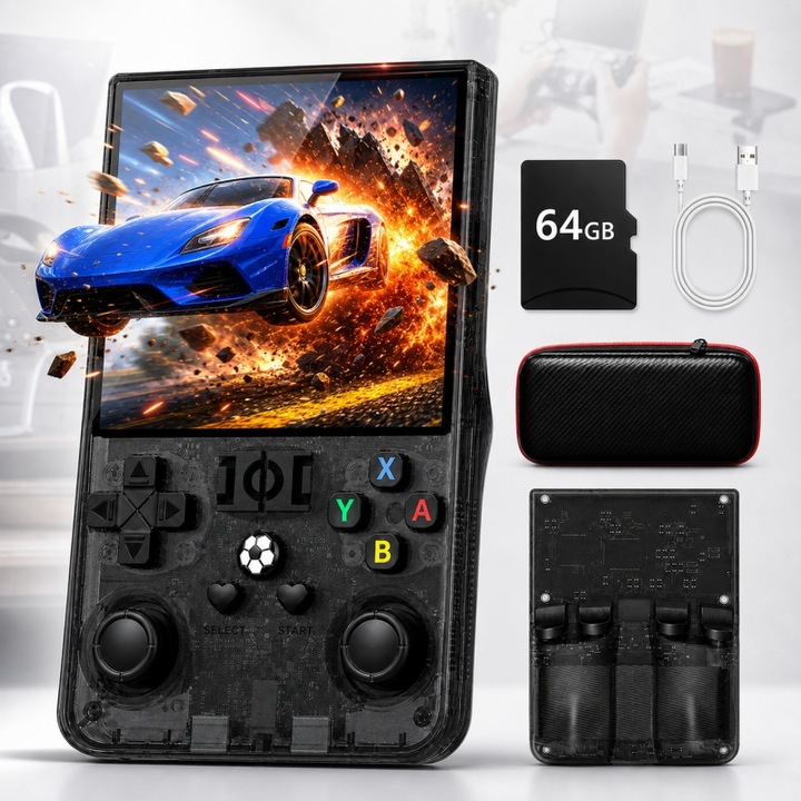 Consola portabila de jocuri R36 Max Retro AjieQaQ®, negru, 64GB 18000+ jocuri, ecran IPS HD 4 inch 720x720, 30+ emulatori, baterie 4000mAh, Linux, joystick 3D, multiplayer wireless, iesire video audio