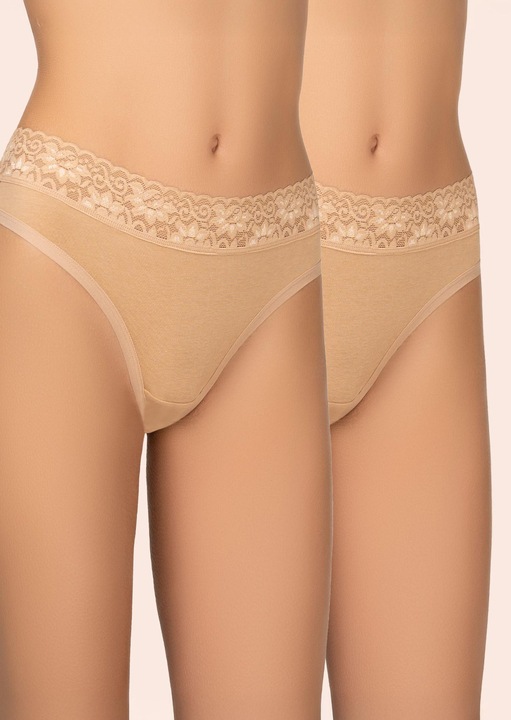 Set 2 perechi chiloti tanga dama, Kleo, Cotton, bej, bumbac cu elastan, talie inalta, banda elastica din dantela, margini plate invizibile sub haine, clin din bumbac antialergic, respirabili, ofera potrivire ideala si un confort zilnic, Bej