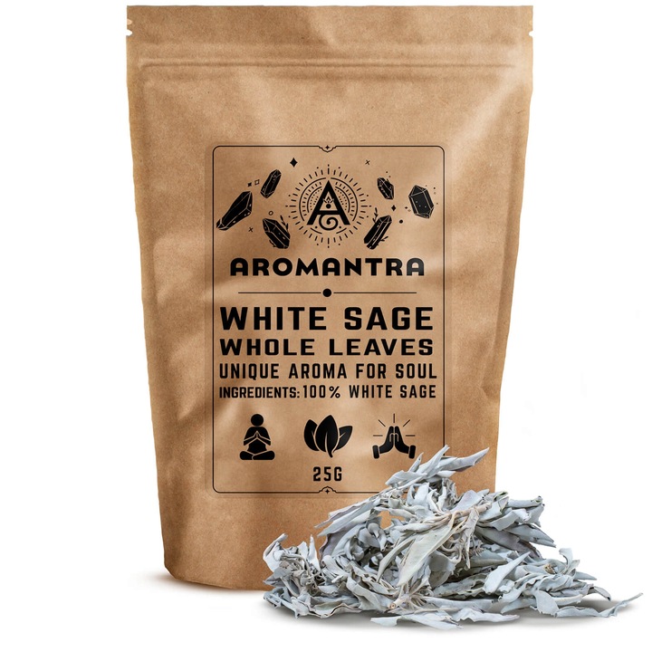 Salvie Alba Frunze Uscate, Aromantra, Plante Naturale Pentru Ardere Si Fumigatie, Purificarea Energiei, Aroma Traditionala Puternica, Calitate Superioara, Selectie Premium, Yoga Si Relaxare, 25 g