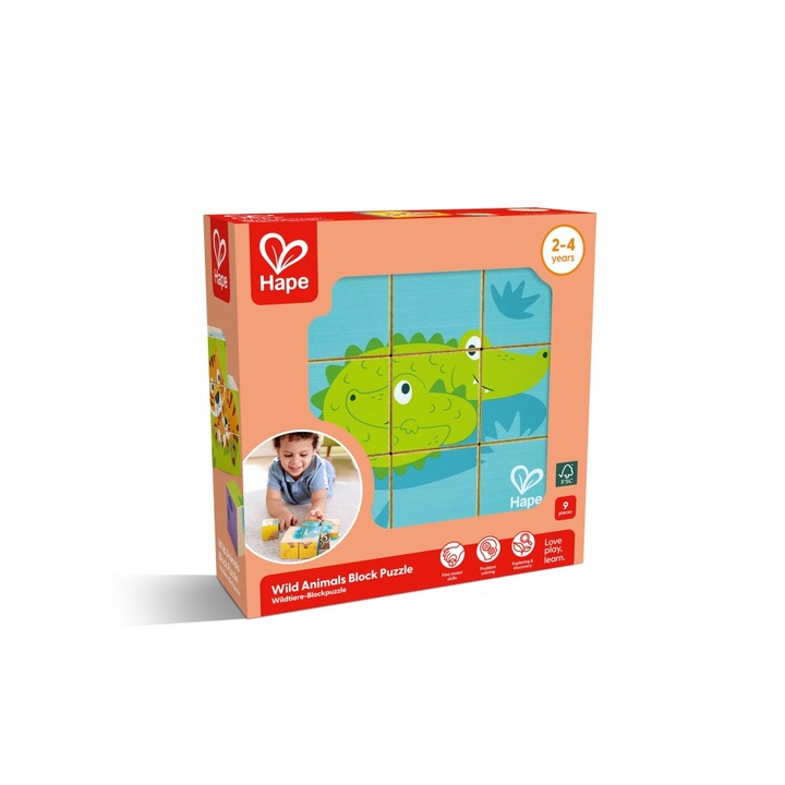 Дървен пъзел с кубчета, Hape, Диви животни, 9 части
