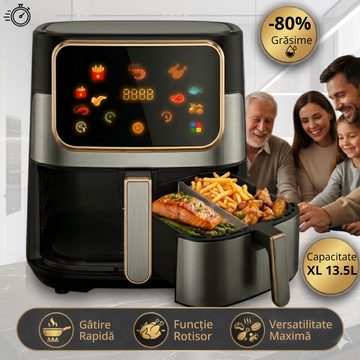 Friteuza cu Aer Cald Infiniteea™️, Air Fryer Digital XL 13.5L, Putere 2200W, Tehnologie Convectie 360 Air Circulation, Panou Touch LED, 6 Functii Gatire, Coacere, Grill, Rotisor, Temperatura Reglabila, Gatire Fara Ulei, Inox Premium Silver/Black