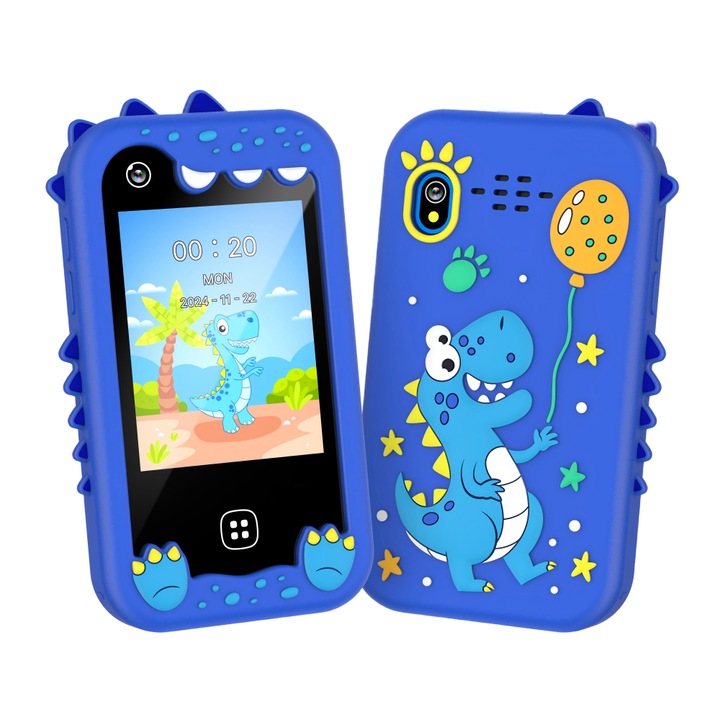 Gyermek mobiltelefon dupla kamerával és oktató játékkal, internet/hívások nélkül, fotó/videó, 17 puzzle játék, 10 hangoskönyv, MP3 lejátszó, praktikus oktató funkciók, ábécé leckék, mágikus matricák, szokásfigyelés, ébresztő, kék
