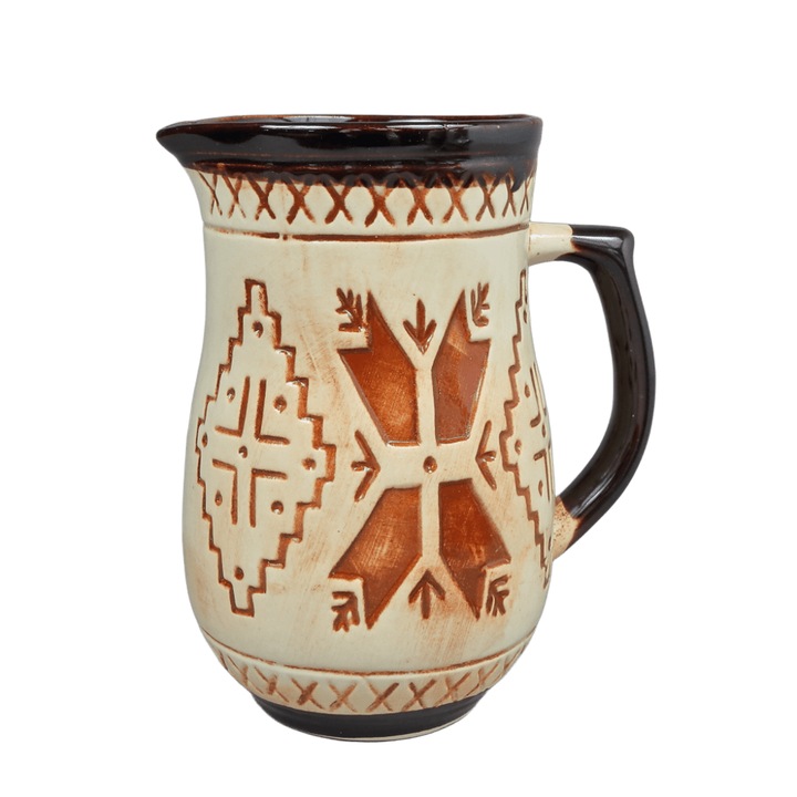 Ulcior din Ceramica Smaltuita cu Motive Geometrice Arhaice, 1.3 Litri, pentru Servire Vin, Apa sau Decor Rustic