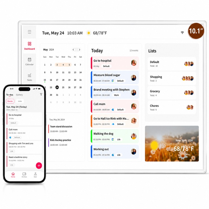 Calendar si Rama Foto Digitala WIFI Techone® FrameSync, WiFi 2.4/5G, 10 inch, Touchscreen HD, Aplicatie, Sincronizare Google, iCloud, Outlook, Cozi, Planificator Mese, Lista cumparaturi, Slot USB, Card SD, Poze/Video, Difuzor, Alb